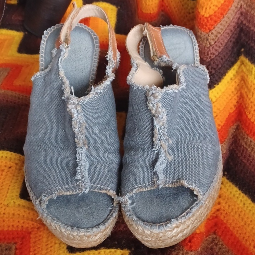 Toni Pons Lugano Espadrille Wedge Sandals, Frayed Denim, Sz 38 (7.5)